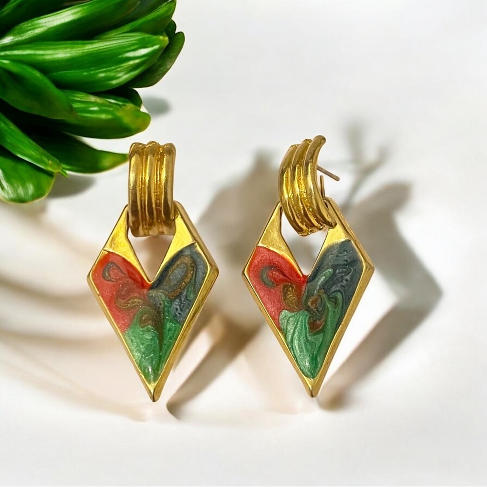 Vintage Gold Tone Green Blue & Red Enamel Diamond Shaped Earrings
